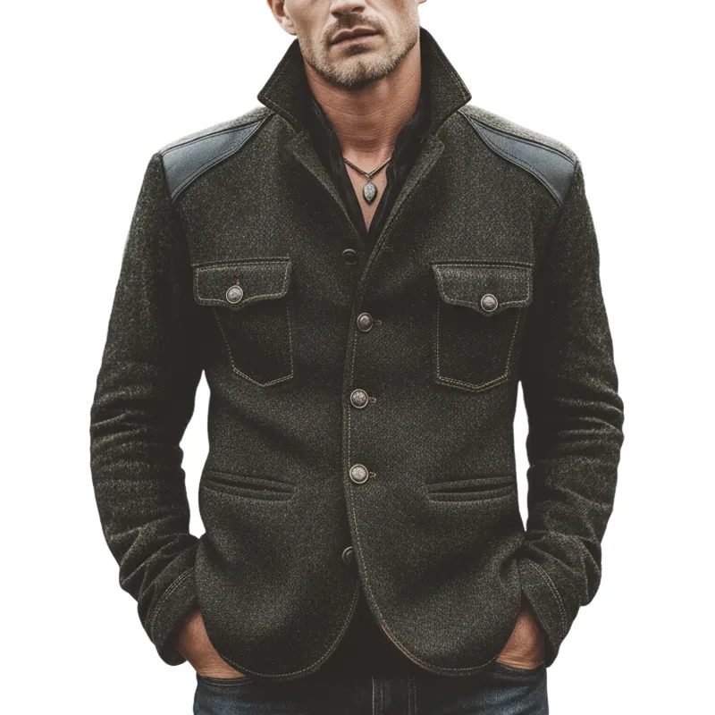Men's Retro Stand Collar Faux Wool Patchwork PU Leather Single-Slit Jacket MTA2031K5U sold by Manly