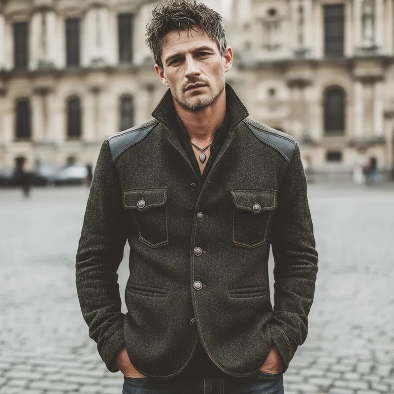 Men's Retro Stand Collar Faux Wool Patchwork PU Leather Single-Slit Jacket MTA2031K5U sold by Manly product image thumbnail 4