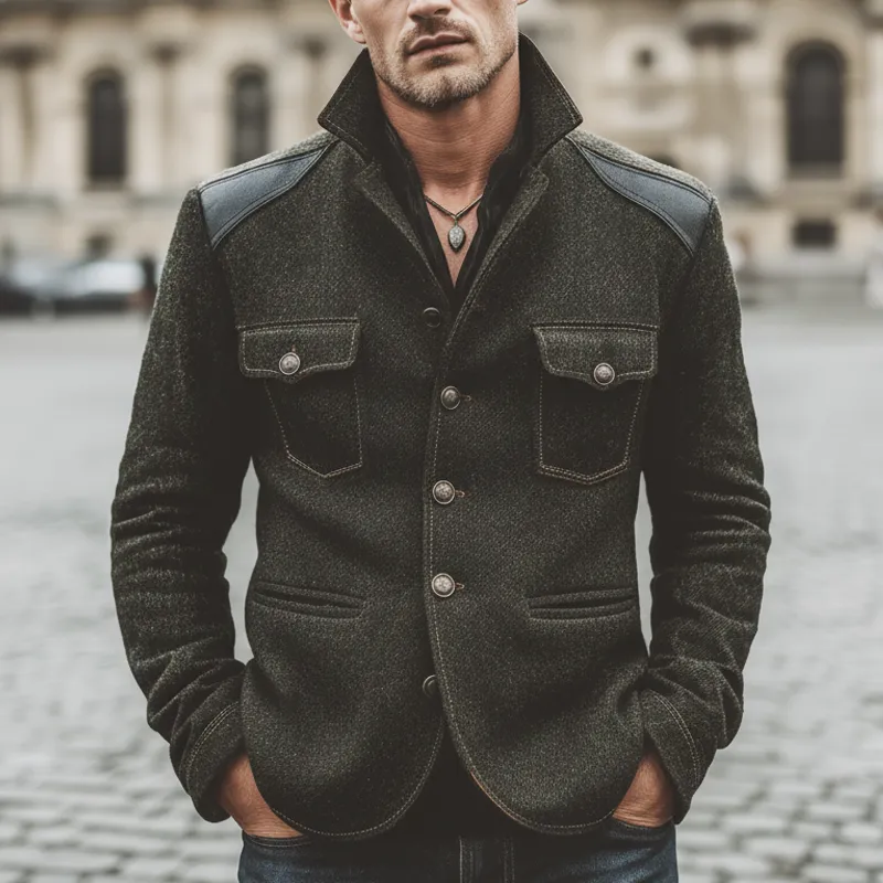 Men's Retro Stand Collar Faux Wool Patchwork PU Leather Single-Slit Jacket MTA2031K5U sold by Manly product image thumbnail 2