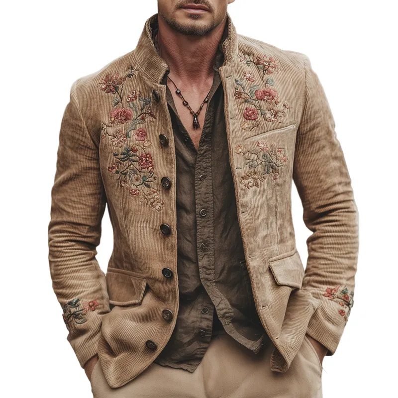 Men's Retro Corduroy Stand Collar Floral Embroidery Double Slit Jacket MTA2094K2U sold by Manly