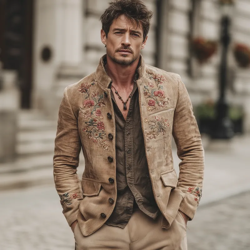 Men's Retro Corduroy Stand Collar Floral Embroidery Double Slit Jacket MTA2094K2U sold by Manly product image thumbnail 3