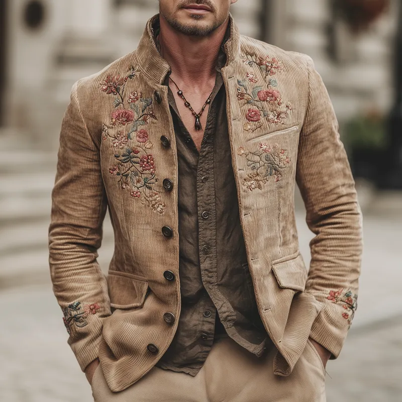 Men's Retro Corduroy Stand Collar Floral Embroidery Double Slit Jacket MTA2094K2U sold by Manly product image thumbnail 2