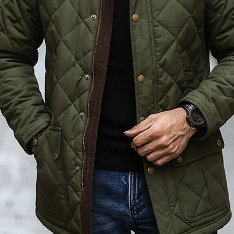 Men's Quilted Plaid Patchwork Stand Collar Corduroy Mid-length Coat MTA1930K5X sold by Manly product image thumbnail 3