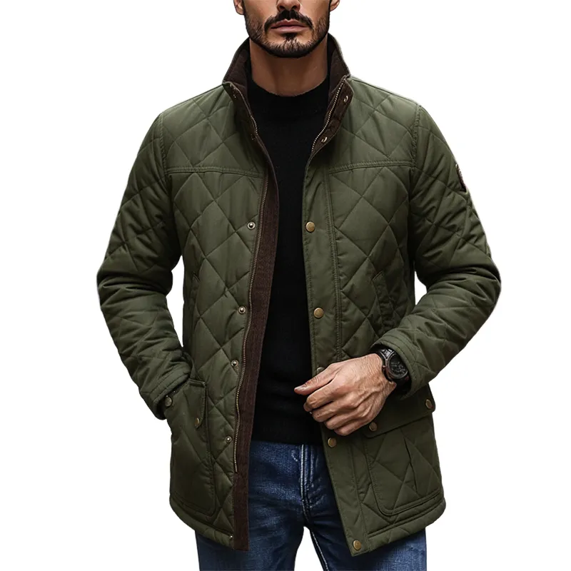 Men's Quilted Plaid Patchwork Stand Collar Corduroy Mid-length Coat MTA1930K5X made by Manly