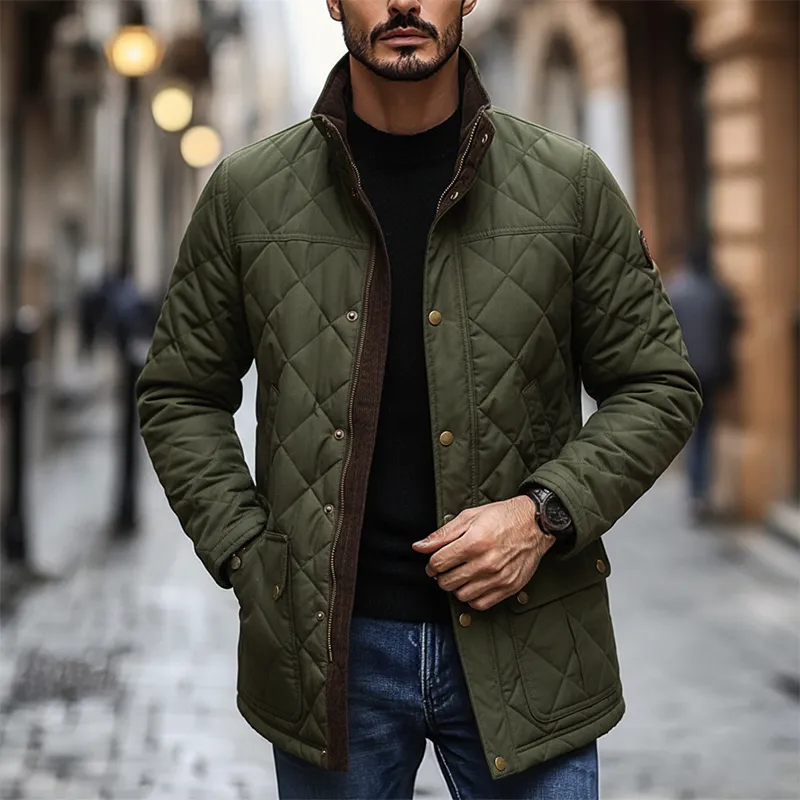 Men's Quilted Plaid Patchwork Stand Collar Corduroy Mid-length Coat MTA1930K5X sold by Manly product image thumbnail 2