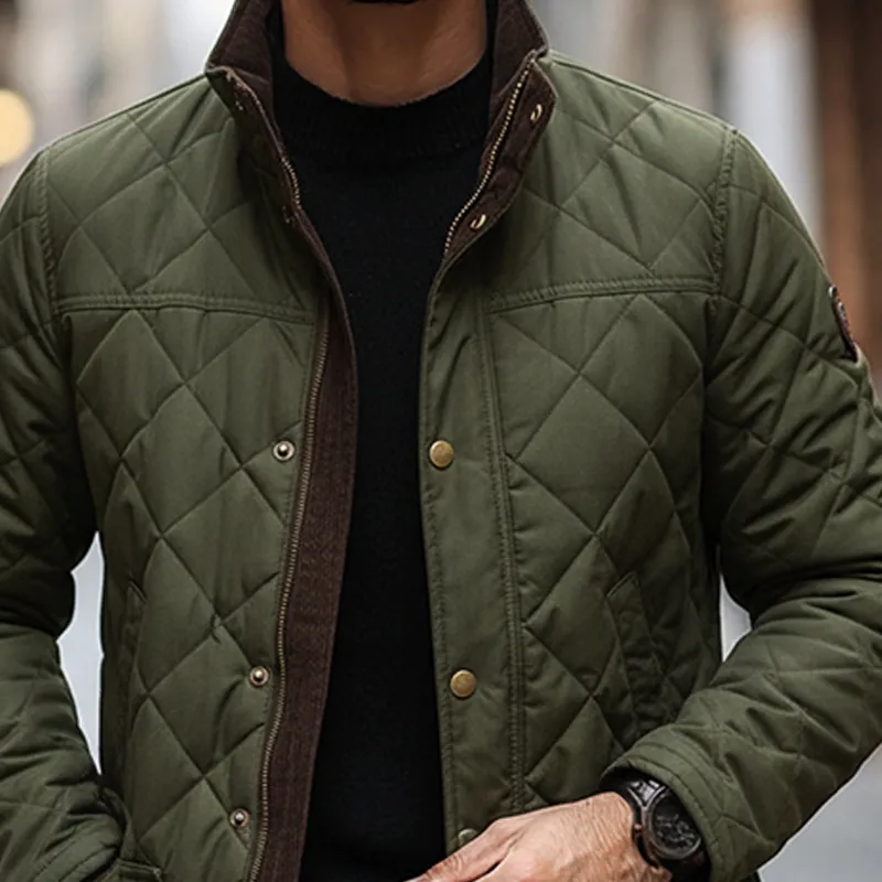 Men's Quilted Plaid Patchwork Stand Collar Corduroy Mid-length Coat MTA1930K5X sold by Manly product image thumbnail 4