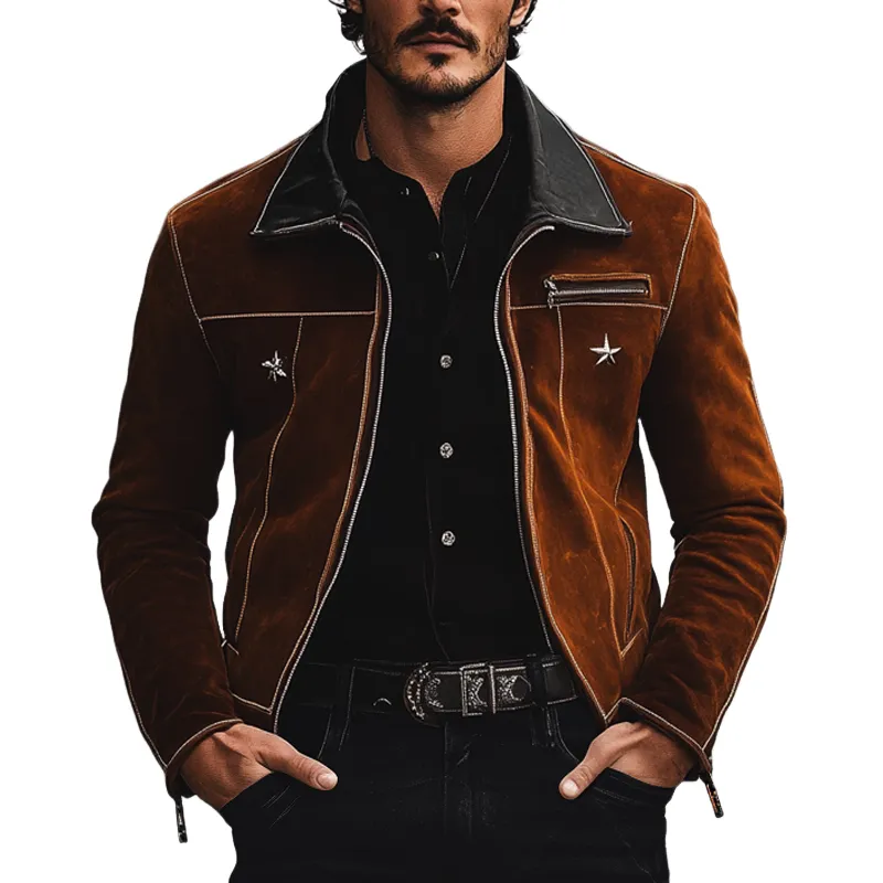 Men's Retro PU Patchwork Faux Suede Embroidered Jacket MTA2015K0X sold by Manly