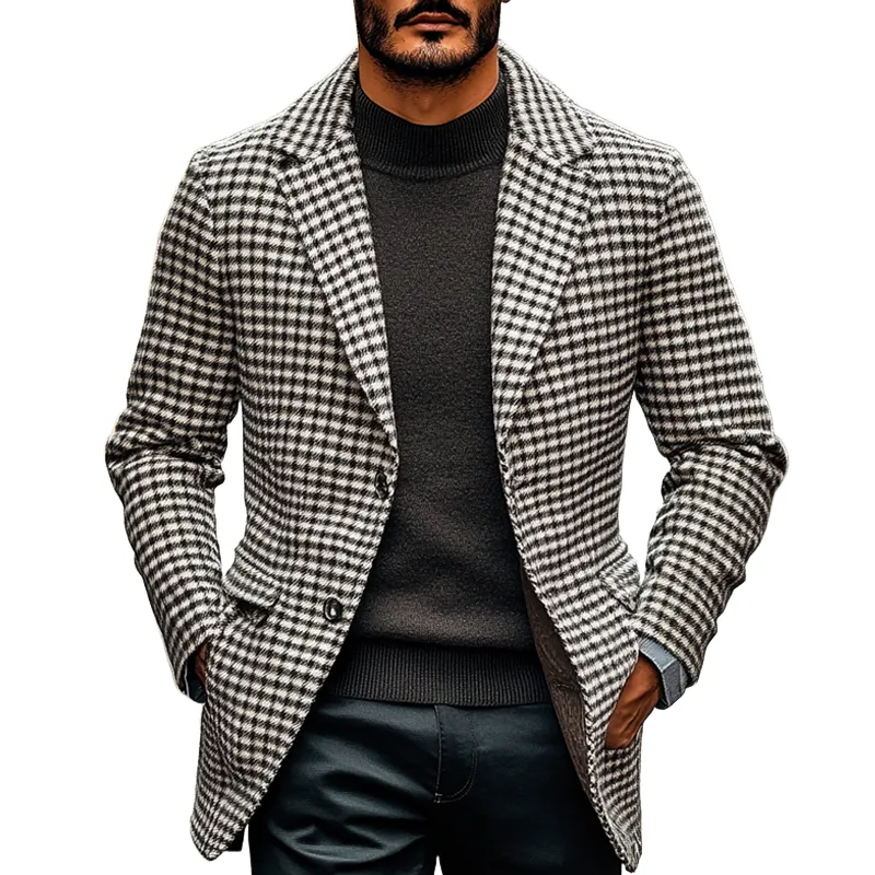 Men's Plaid Jacquard Lapel Button Mid-length Coat MTA2002K3X sold by Manly