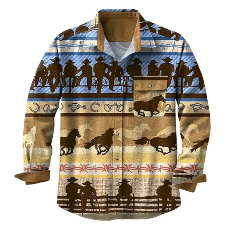 Men's Western Denim Print Lapel Shirt 16031423X sold by Manly