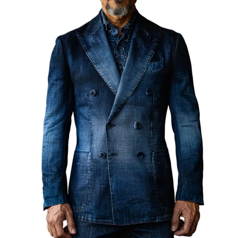 Men's Fashionable Distressed Gradient Denim Peaked Lapel Double Breasted Casual Blazer 02036514Z sold by Manly