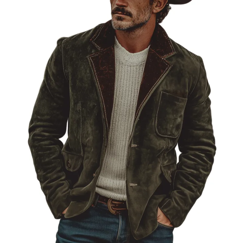 Men's Classic Retro Western-style Collar With Velvet Trim, Single-breasted Faux Suede Blazer MTA2489K7K sold by Manly