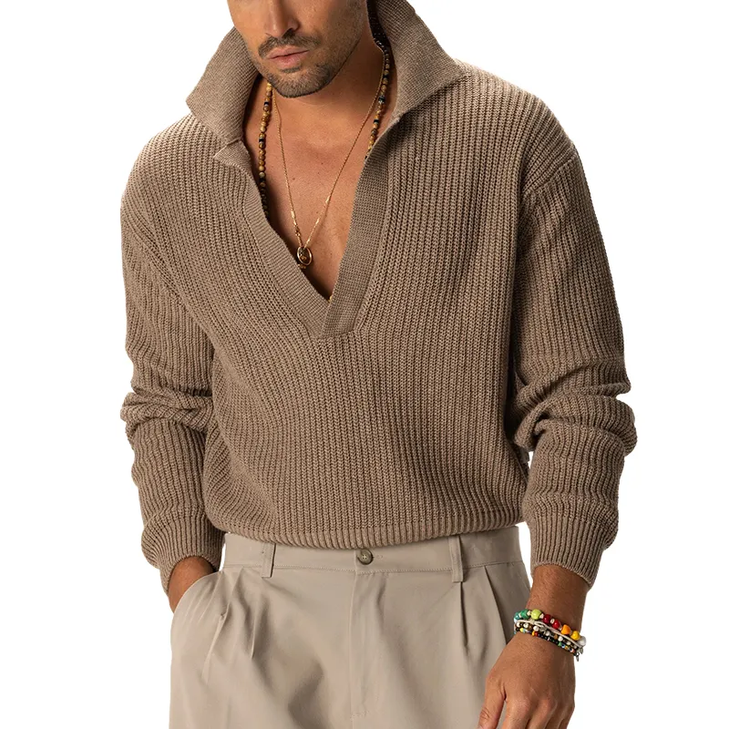 Men's Solid Color Knitted Pullover Long-sleeved Collared Sweater MTA2270K4X sold by Manly