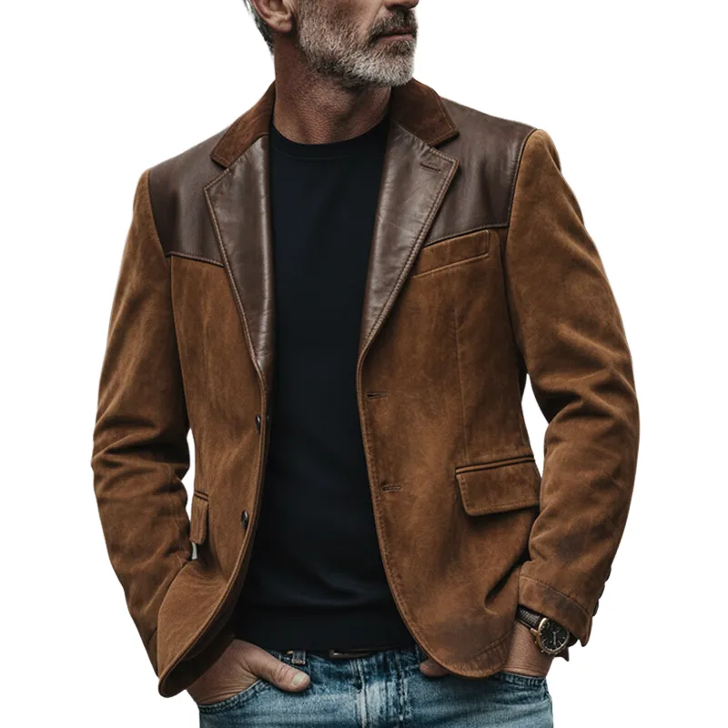 Men's Retro Patchwork Faux Suede Lapel PU Blazer MTA2207K5X sold by Manly