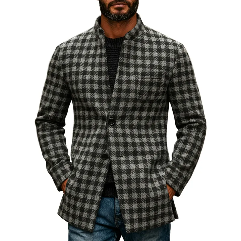 Men's Retro Plaid Blend Wool Stand Collar Mid-Length Coat MTA2419K4X sold by Manly
