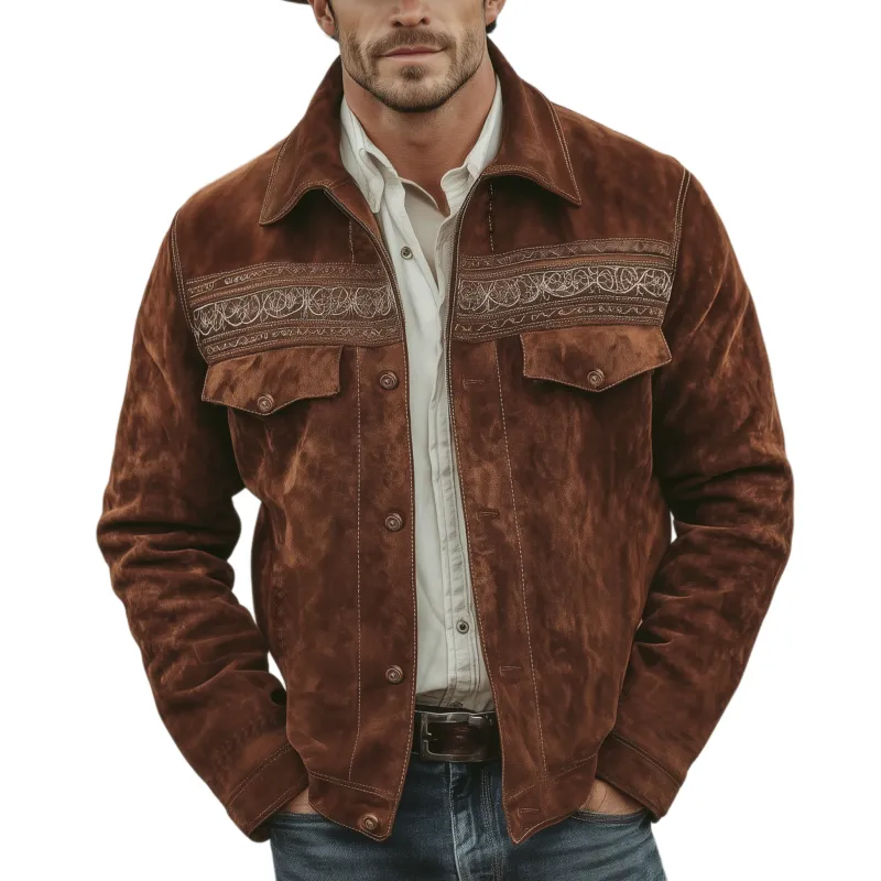 Men's Classic Retro Western Style Embroidered Lapel Faux Suede Jacket MTA2414K4K sold by Manly