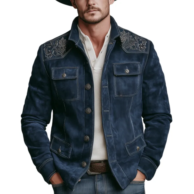 Men's Classic Retro Western Style Embroidered Stand Collar Faux Suede Multi-Pocket Jacket MTA2401K4K sold by Manly
