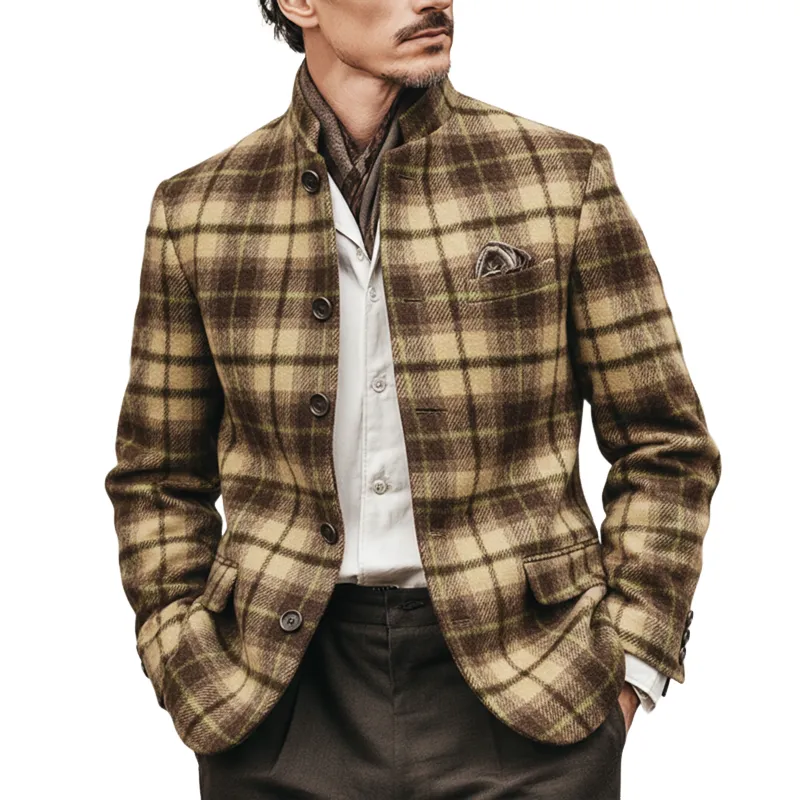 Men's Retro Plaid Stand Collar Double Slit Slim Fit Jacket MTA2296K8U sold by Manly