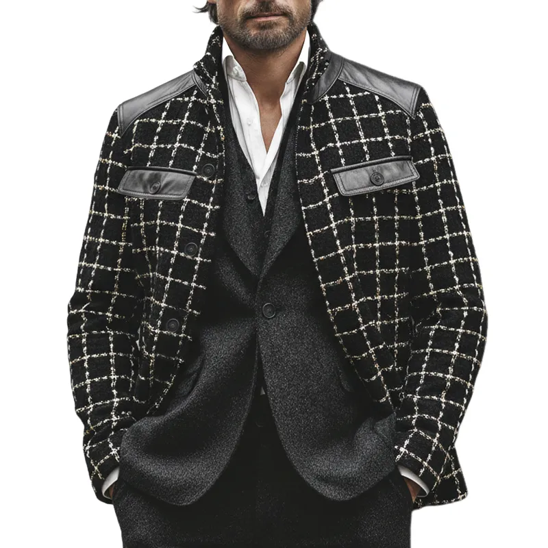 Men's Classic Tweed Plaid Patchwork PU Leather Stand-collar Jacket MTA2449K1U sold by Manly