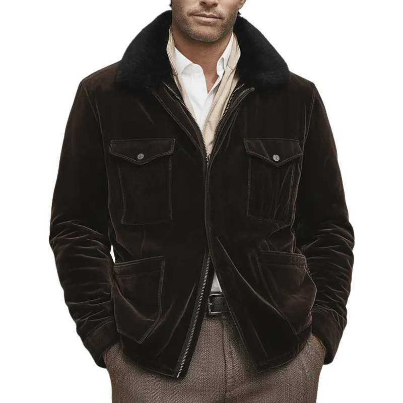 Men's Classic Chocolate Brown Velvet  Fur Collar Jacket MTA2455K5U sold by Manly