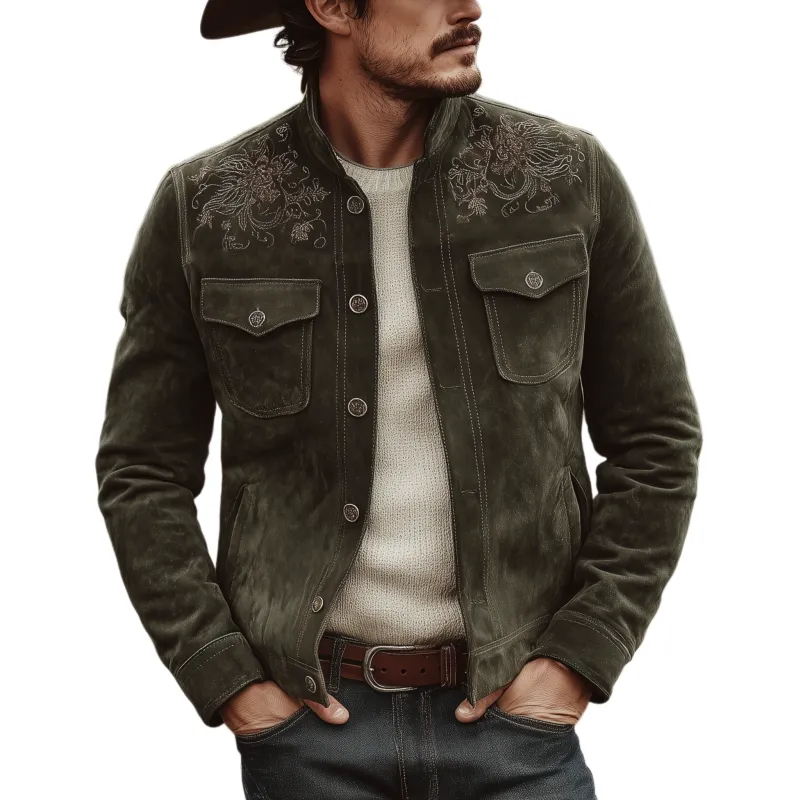 Men's Classic Retro Western Style Embroidered Stand-up Collar Faux Suede Jacket MTA2426K5K sold by Manly