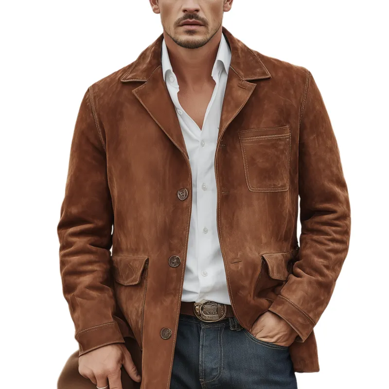 Men's Classic Retro Western Style Lapel Single-breasted Faux Suede Jacket MTA2431K8K sold by Manly