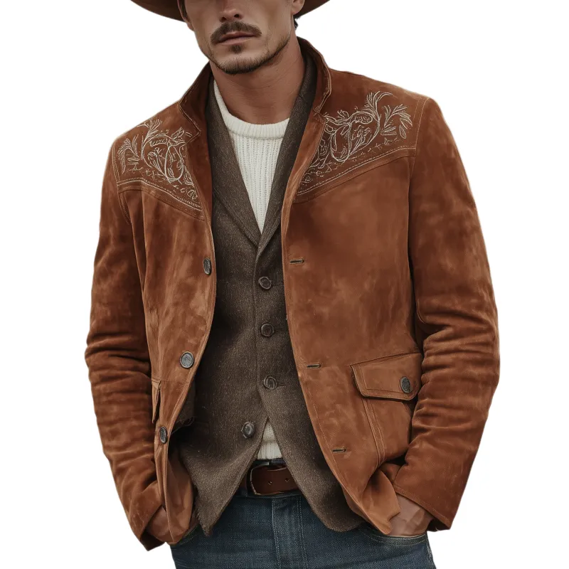 Men's Classic Retro Western Style Embroidered Stand-up Collar Faux Suede Jacket MTA2422K6K sold by Manly