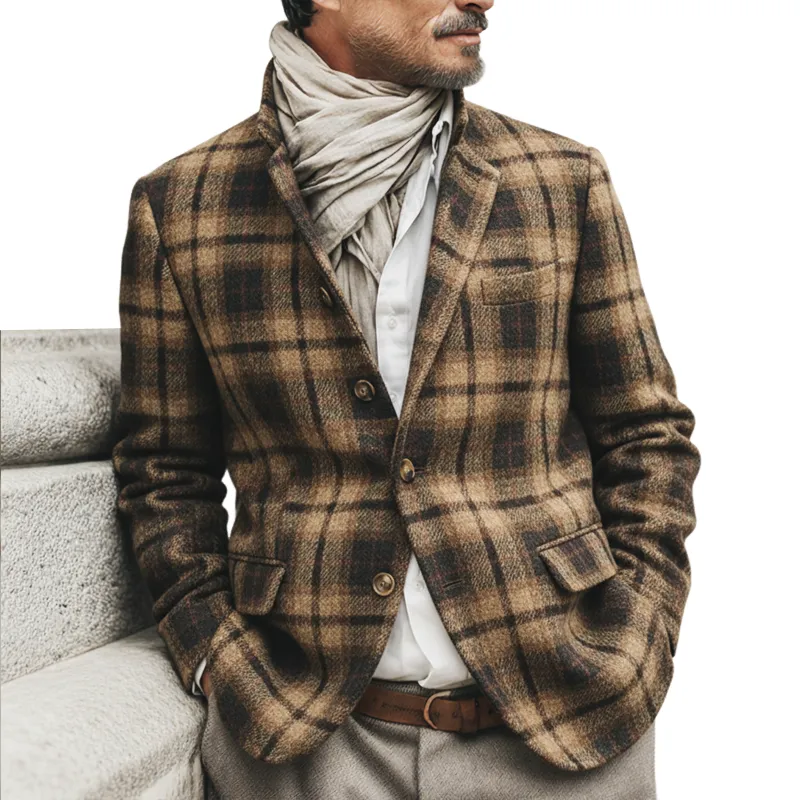 Men's Classic Plaid Stand Collar Double Vent Slim Fit Jacket MTA2249K8U sold by Manly