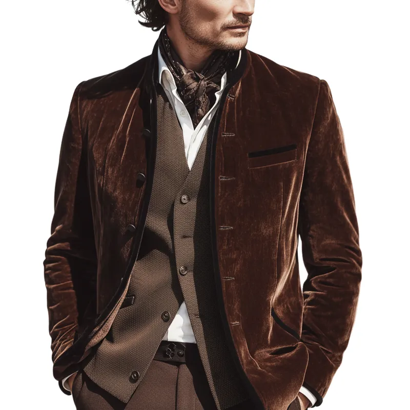 Men's Retro Velvet Stand Collar Double Slit Slim Fit Jacket MTA2279K8U sold by Manly