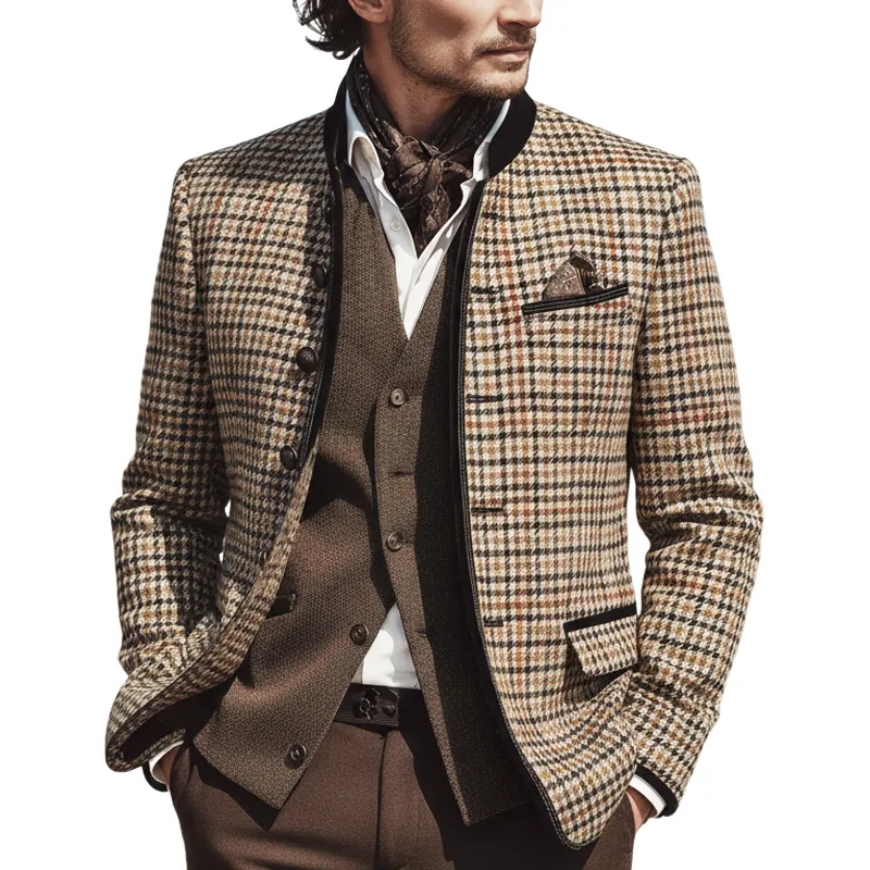 Men's Retro Stand Collar Houndstooth Faux Wool Double Slit Slim Fit Jacket MTA2274K5U sold by Manly