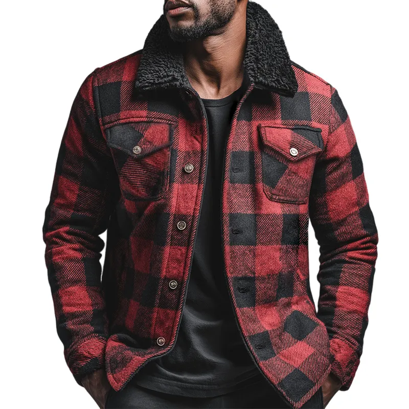 Men's Retro Casual Plaid Fur Collar Jacket MTA2284K7TO sold by Manly