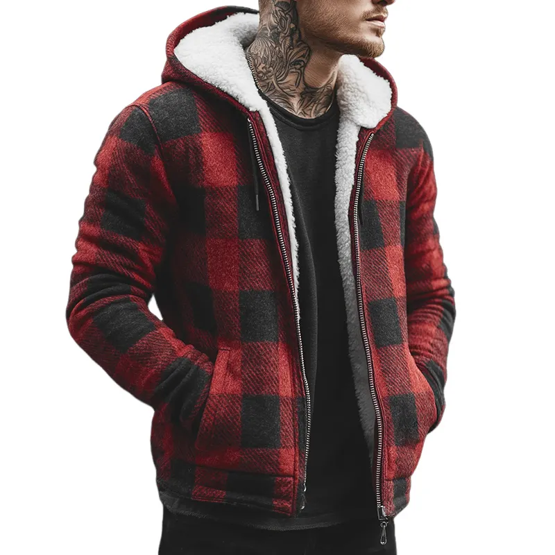 Men's Retro Casual Plaid Hooded Fleece Jacket MTA2224K5TO sold by Manly