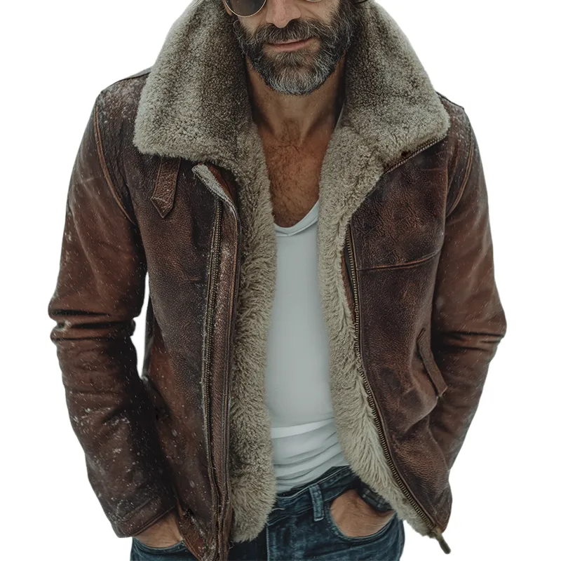 Men's Retro Casual Distressed PU Plush Jacket  MTA2057K1TO sold by Manly