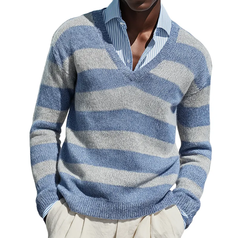 Men's Retro Casual Knit Striped V-Neck Sweater MTA2289K8TO sold by Manly