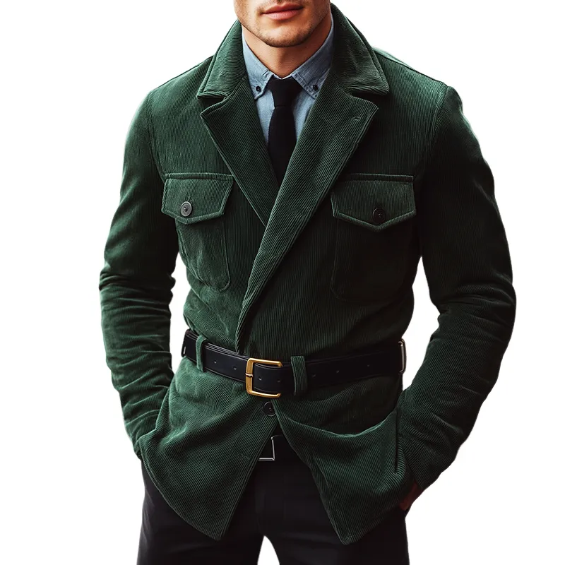 Men's Retro Casual Corduroy Lapel Belt Jacket MTA2215K6TO sold by Manly