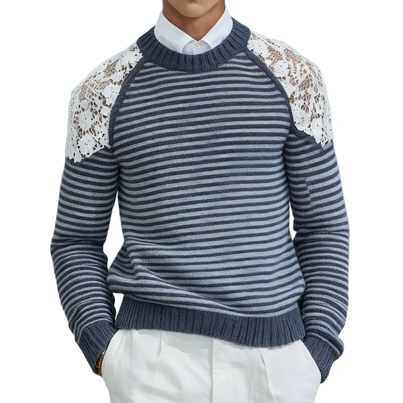 Men's Retro Casual Striped Knitted Lace Crew Neck Sweater MTA2268K7TO sold by Manly