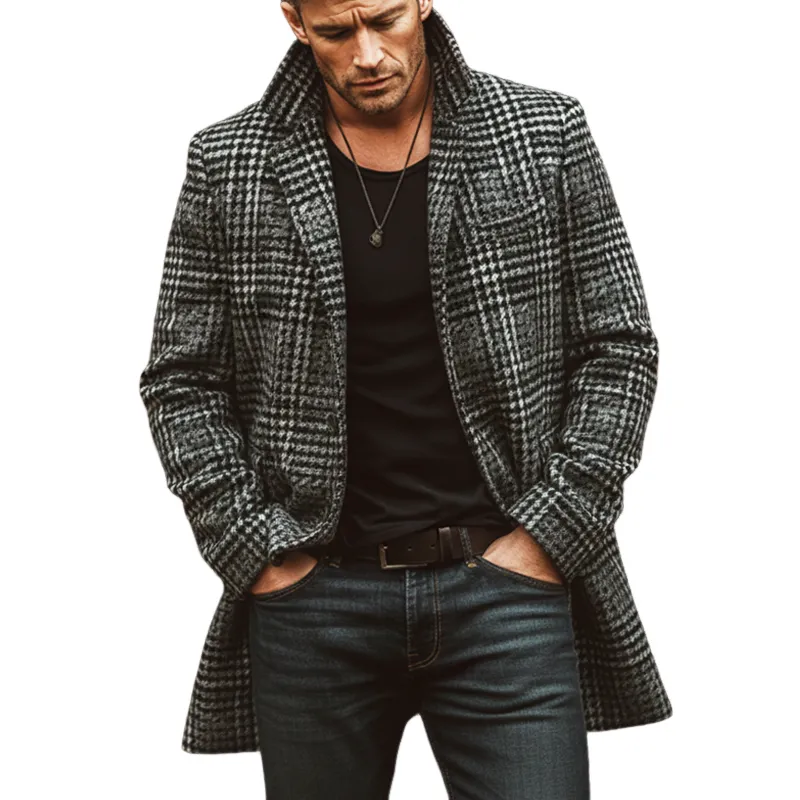 Men's Classic Gray Plaid Faux Wool Two-button Mid-length Coat MTA2709K4U sold by Manly