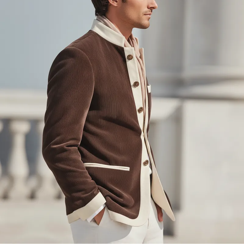 Men's Urban Corduroy Color-Blocked Stand Collar Double Slit Jacket MTA2188K3U sold by Manly product image thumbnail 3