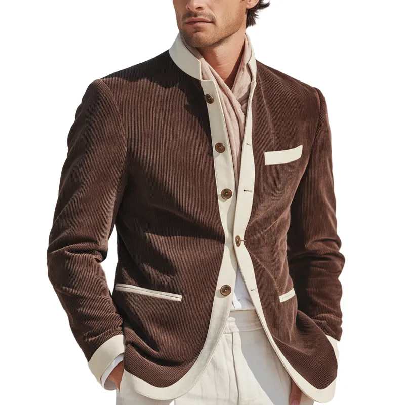 Men's Urban Corduroy Color-Blocked Stand Collar Double Slit Jacket MTA2188K3U sold by Manly