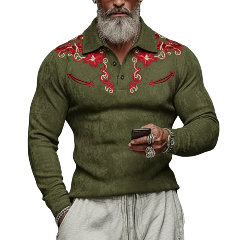 Men's Casual Western Rugged Style Embroidered Faux Suede Long-Sleeve Polo Shirt MTA2786K2K sold by Manly
