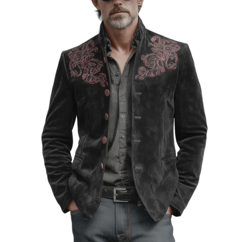 Men's Classic Retro Western Style Stand-up Collar Embroidered Faux Suede Jacket MTA2740K9K sold by Manly