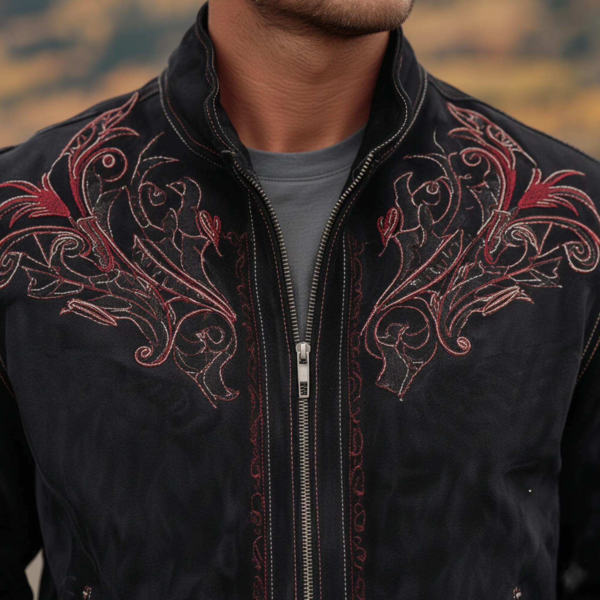 Men's Classic Retro Western Style Stand-up Collar Embroidered Faux Suede Zip-up Jacket MTA2799K9K sold by Manly product image thumbnail 4