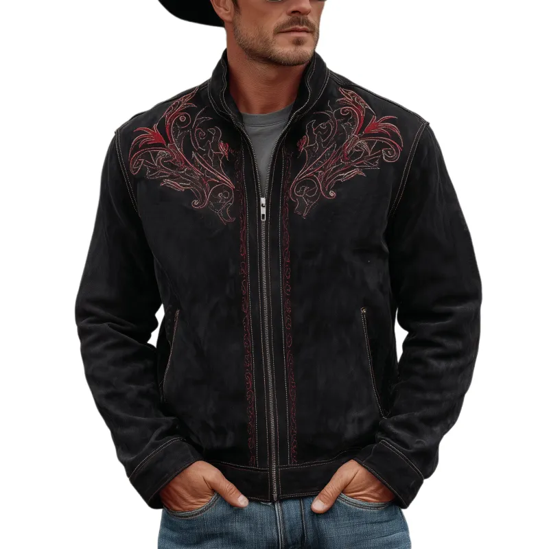 Men's Classic Retro Western Style Stand-up Collar Embroidered Faux Suede Zip-up Jacket MTA2799K9K sold by Manly