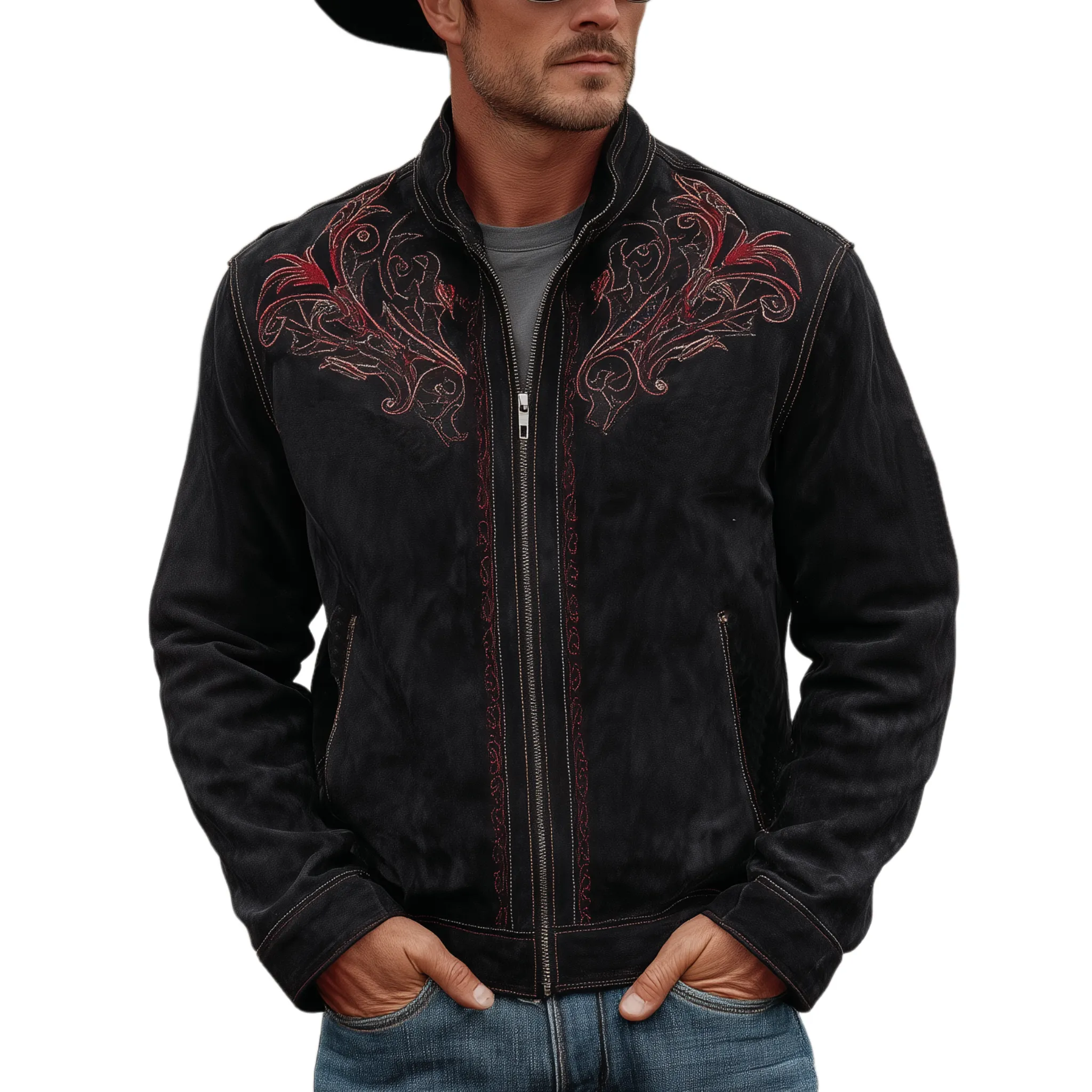 Men's Classic Retro Western Style Stand-up Collar Embroidered Faux Suede Zip-up Jacket MTA2799K9K sold by Manly