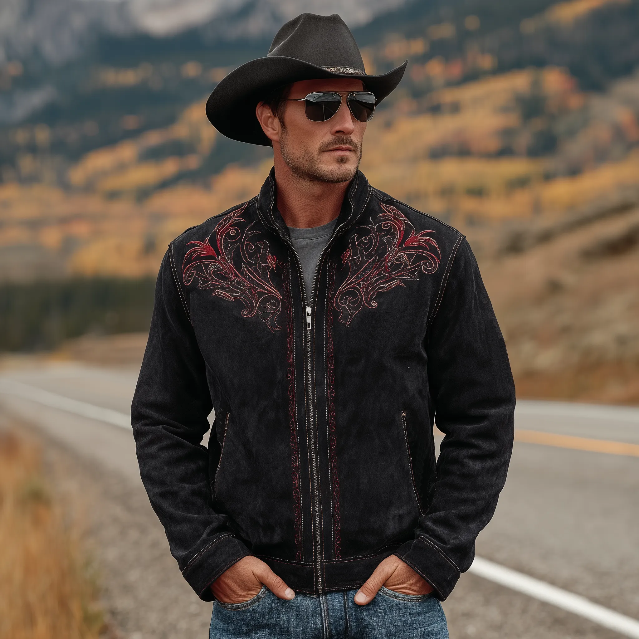 Men's Classic Retro Western Style Stand-up Collar Embroidered Faux Suede Zip-up Jacket MTA2799K9K sold by Manly product image thumbnail 2