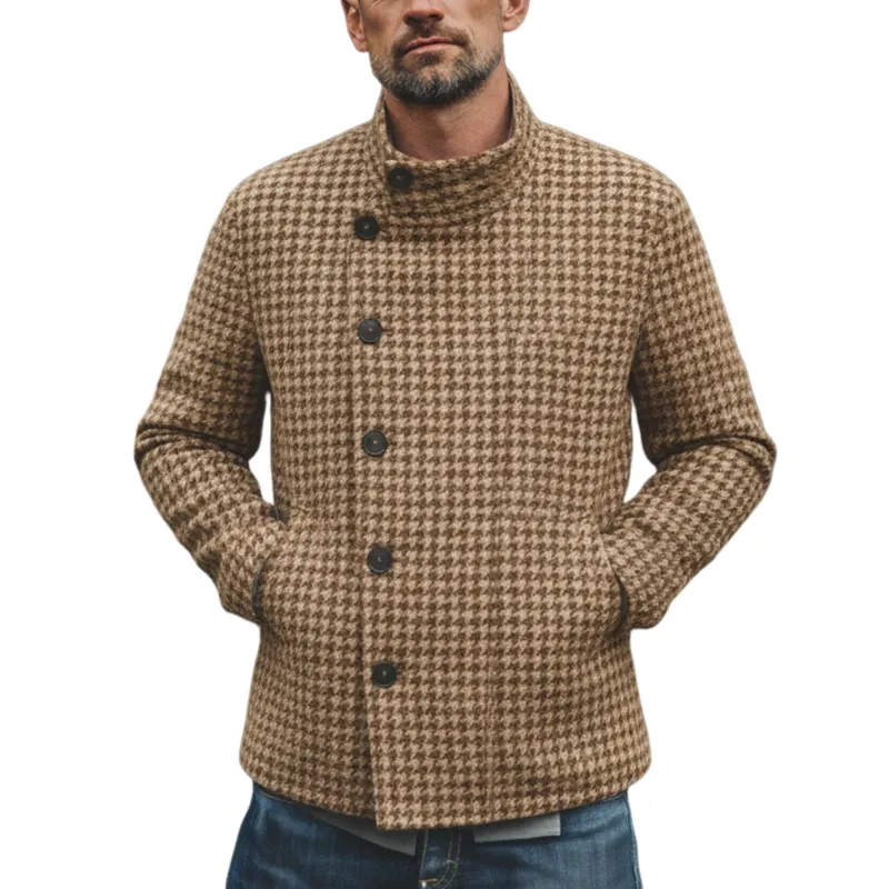 Men's Classic Retro Stand-up Collar Houndstooth Wool Jacket MTA2754K8K sold by Manly