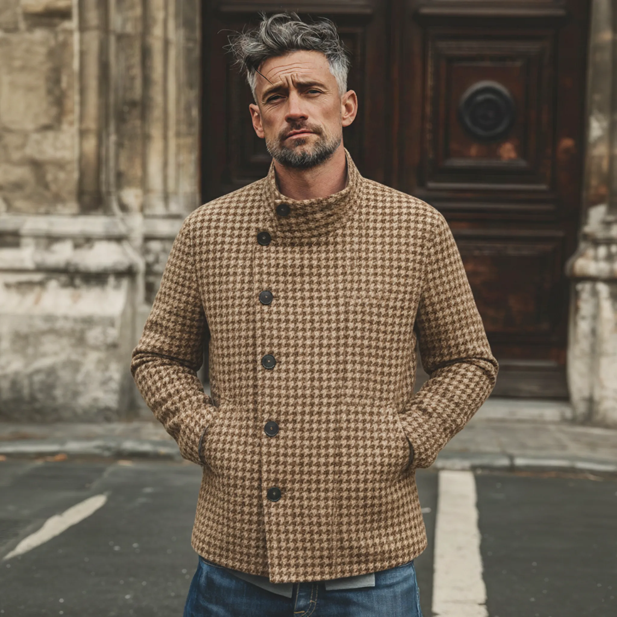 Men's Classic Retro Stand-up Collar Houndstooth Wool Jacket MTA2754K8K sold by Manly product image thumbnail 2