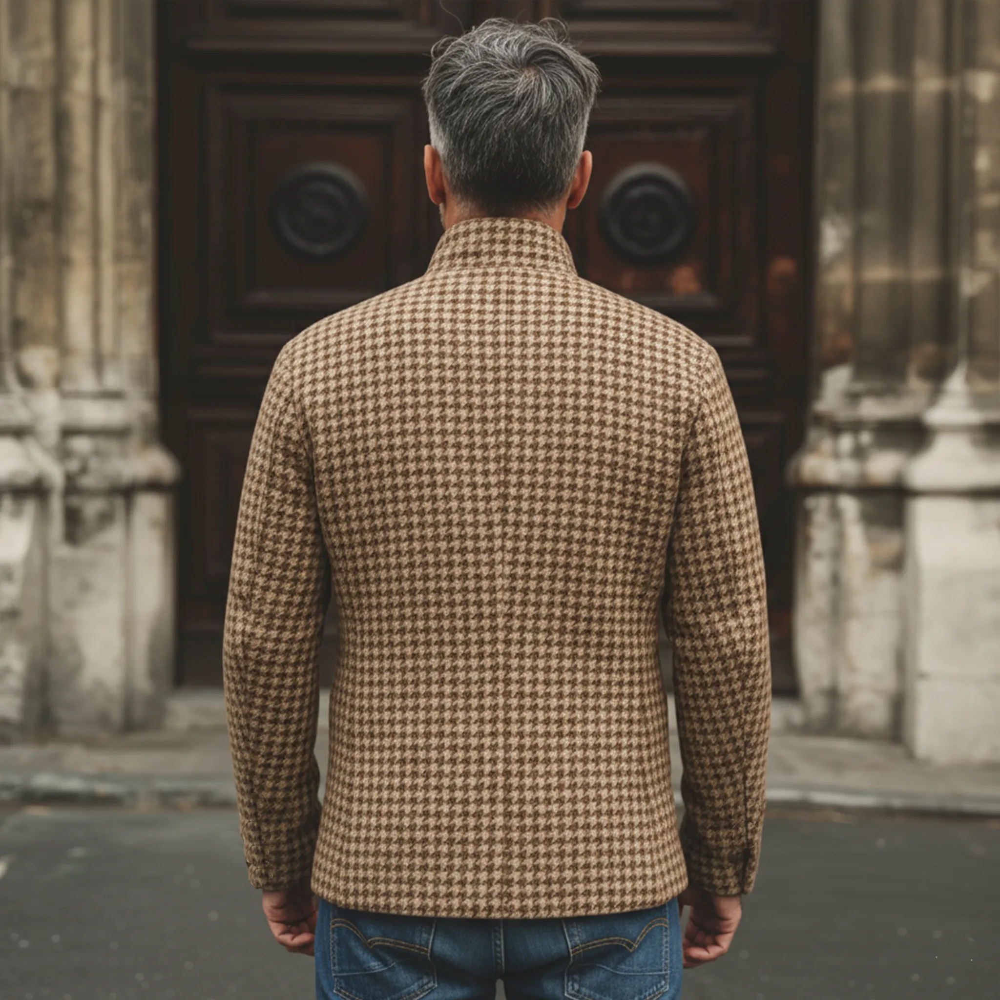 Men's Classic Retro Stand-up Collar Houndstooth Wool Jacket MTA2754K8K sold by Manly product image thumbnail 3