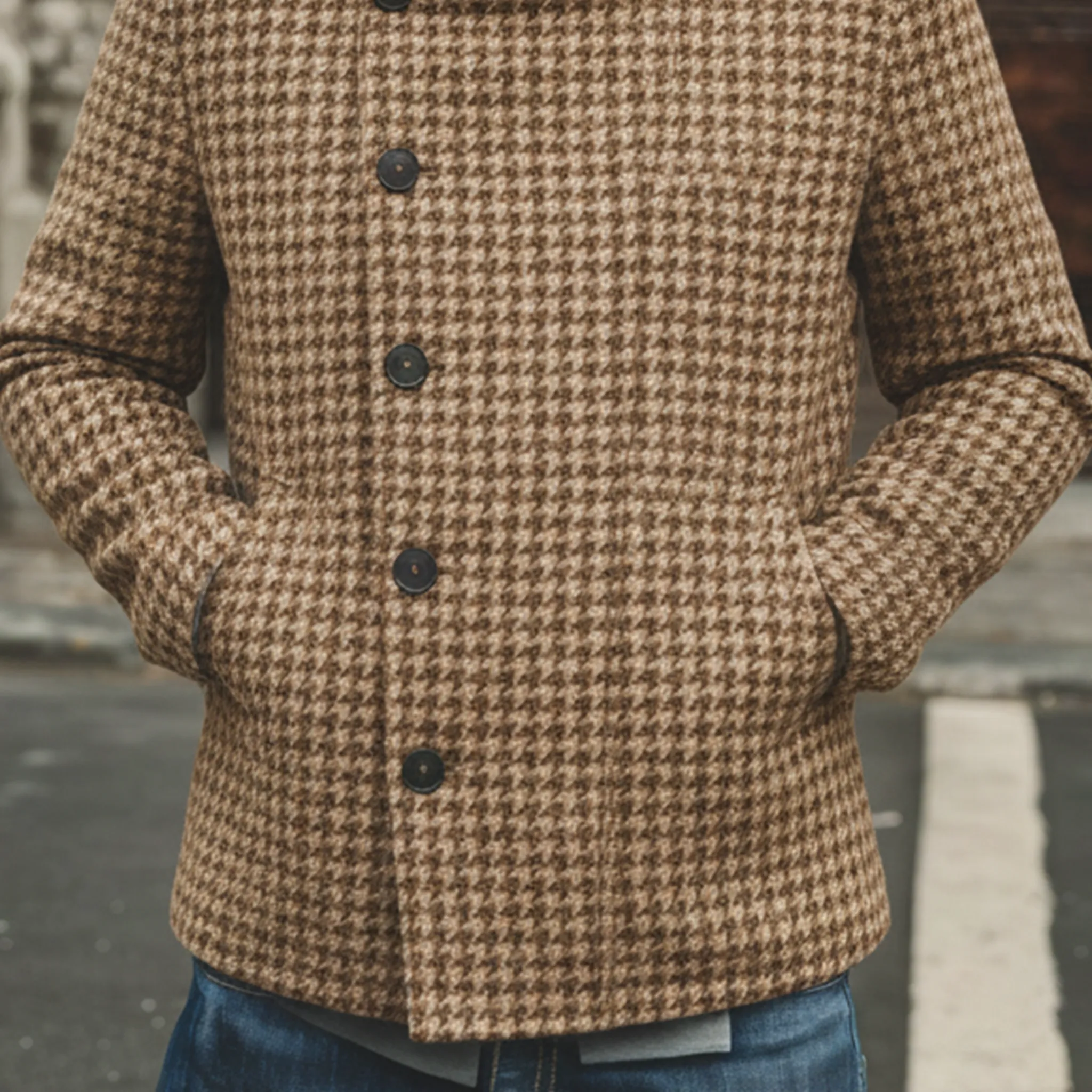 Men's Classic Retro Stand-up Collar Houndstooth Wool Jacket MTA2754K8K sold by Manly product image thumbnail 5