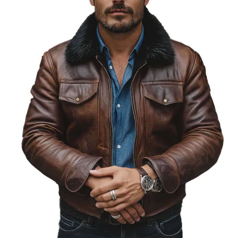 Men's Winter Retro Faux Leather Faux Fur Collar Zipper Jacket MTA2660K1P sold by Manly