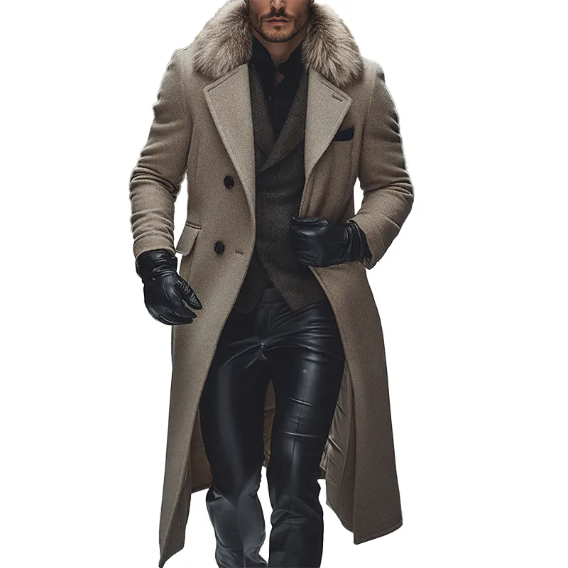 Men's Winter Retro Faux Wool Faux Fur Collar Button Long Coat MTA2793K8P sold by Manly